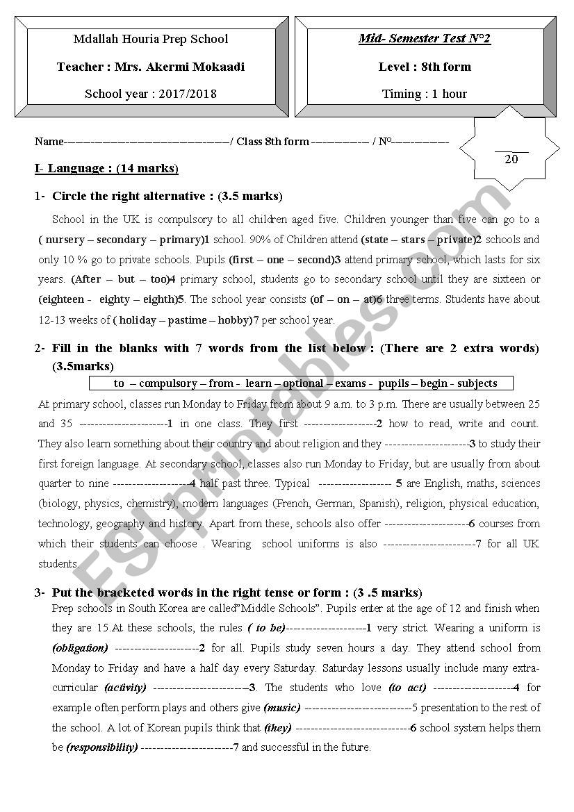 mid - semester test n°2 8th form - ESL worksheet by na3ouma