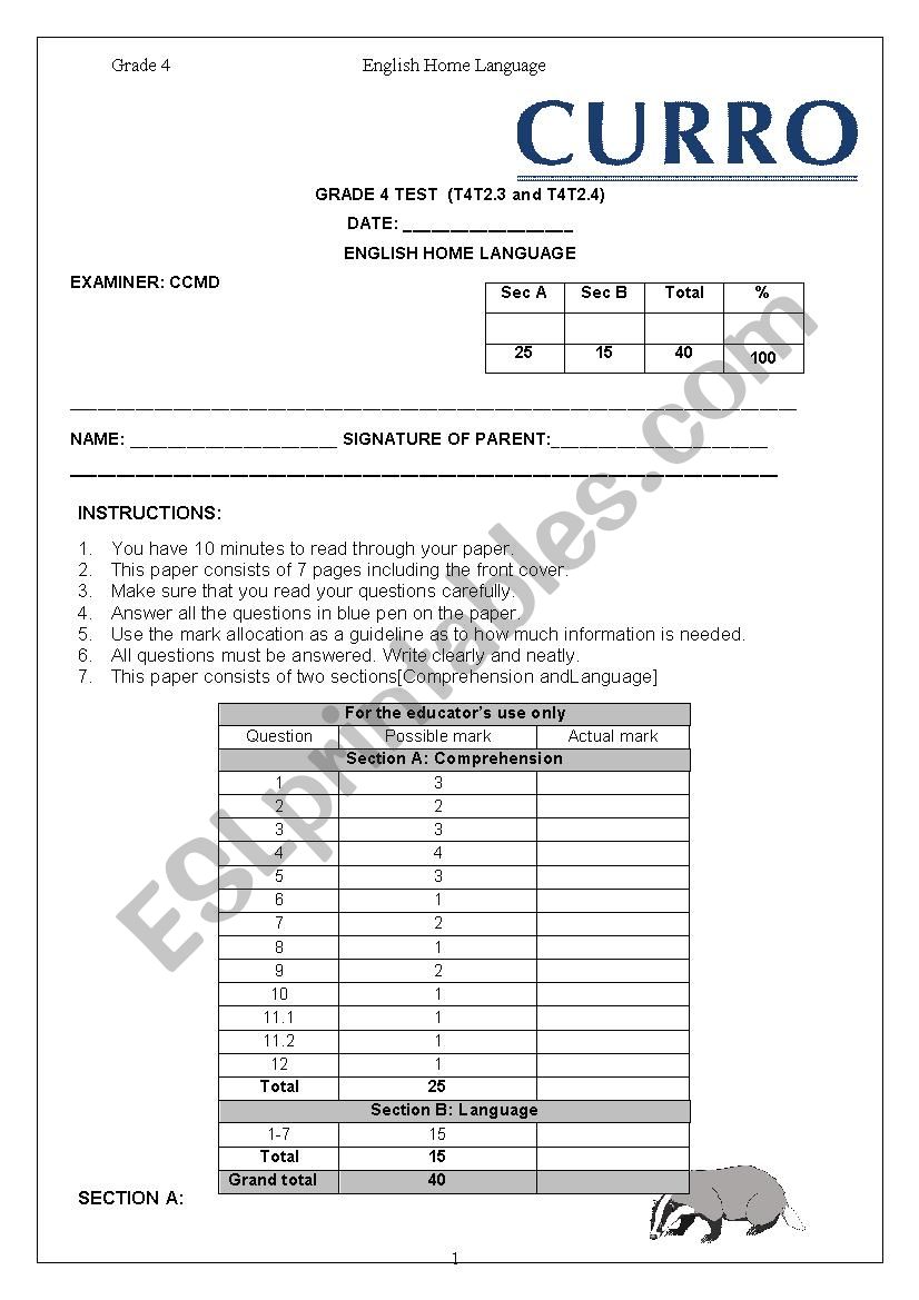 End of Year Grade 4 HL Exam worksheet