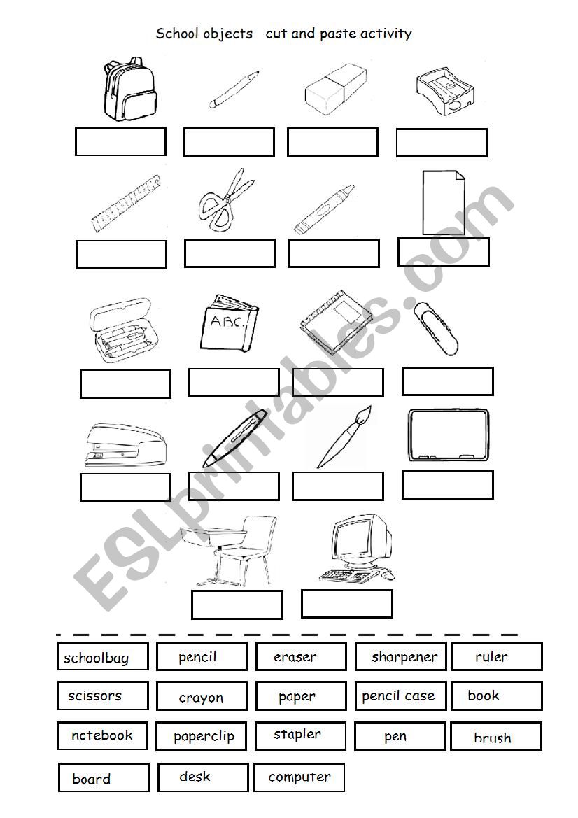 School objects cut and paste activity