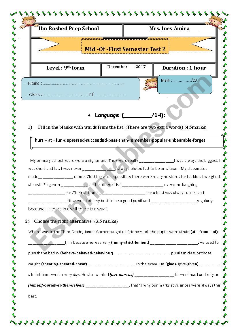 MID SEMESTER TEST 2 worksheet