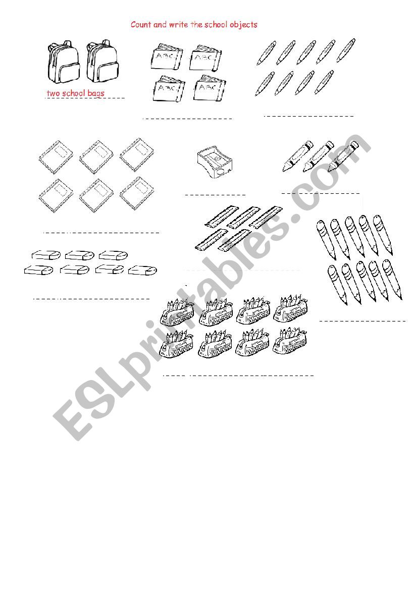 school objects count and write activity