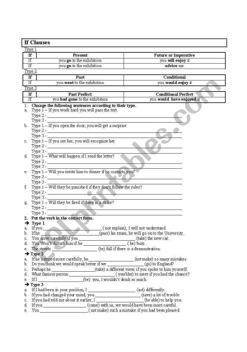 If clauses - type 1 and 2 worksheet