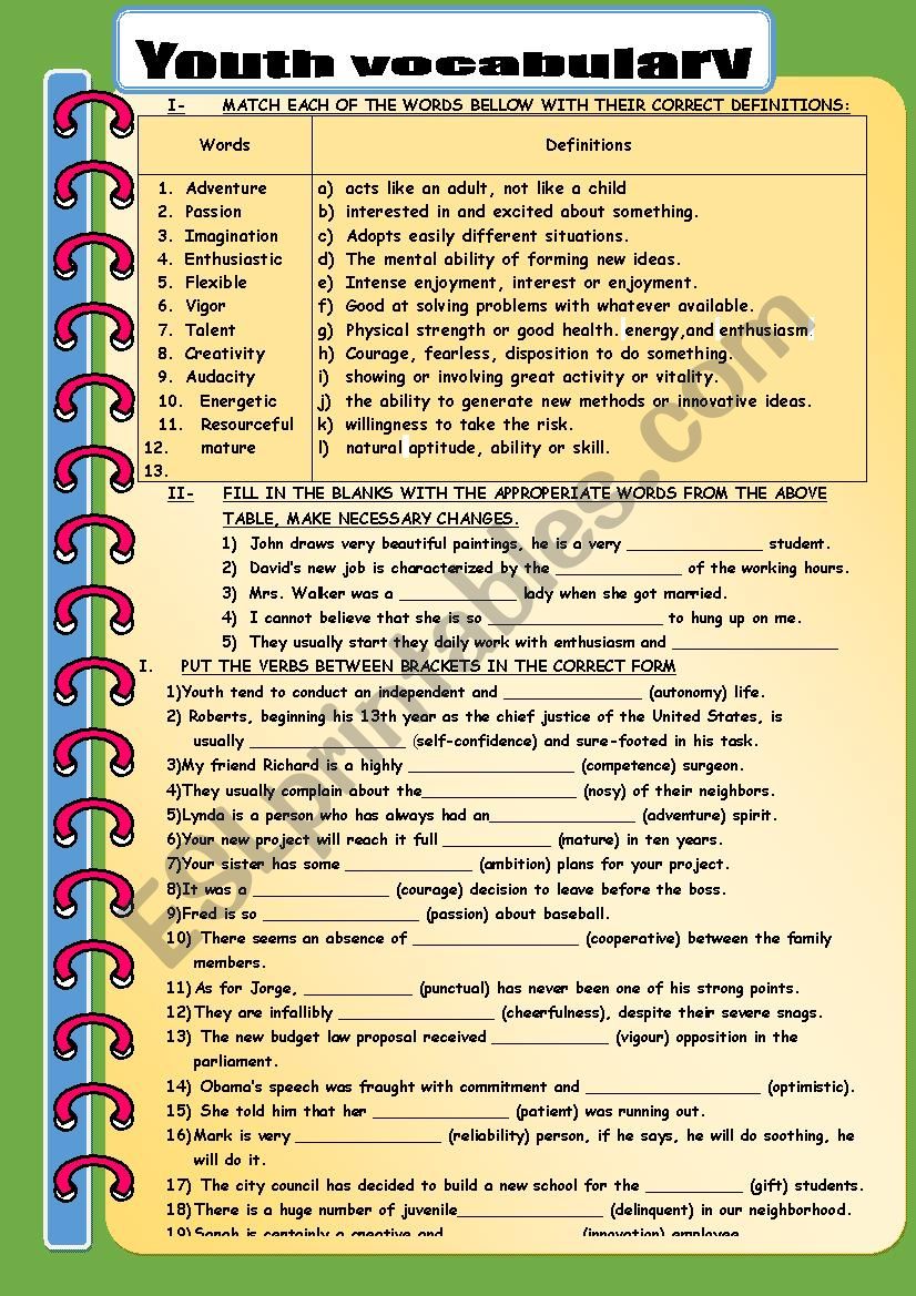 YOUTH VOCABULARY worksheet