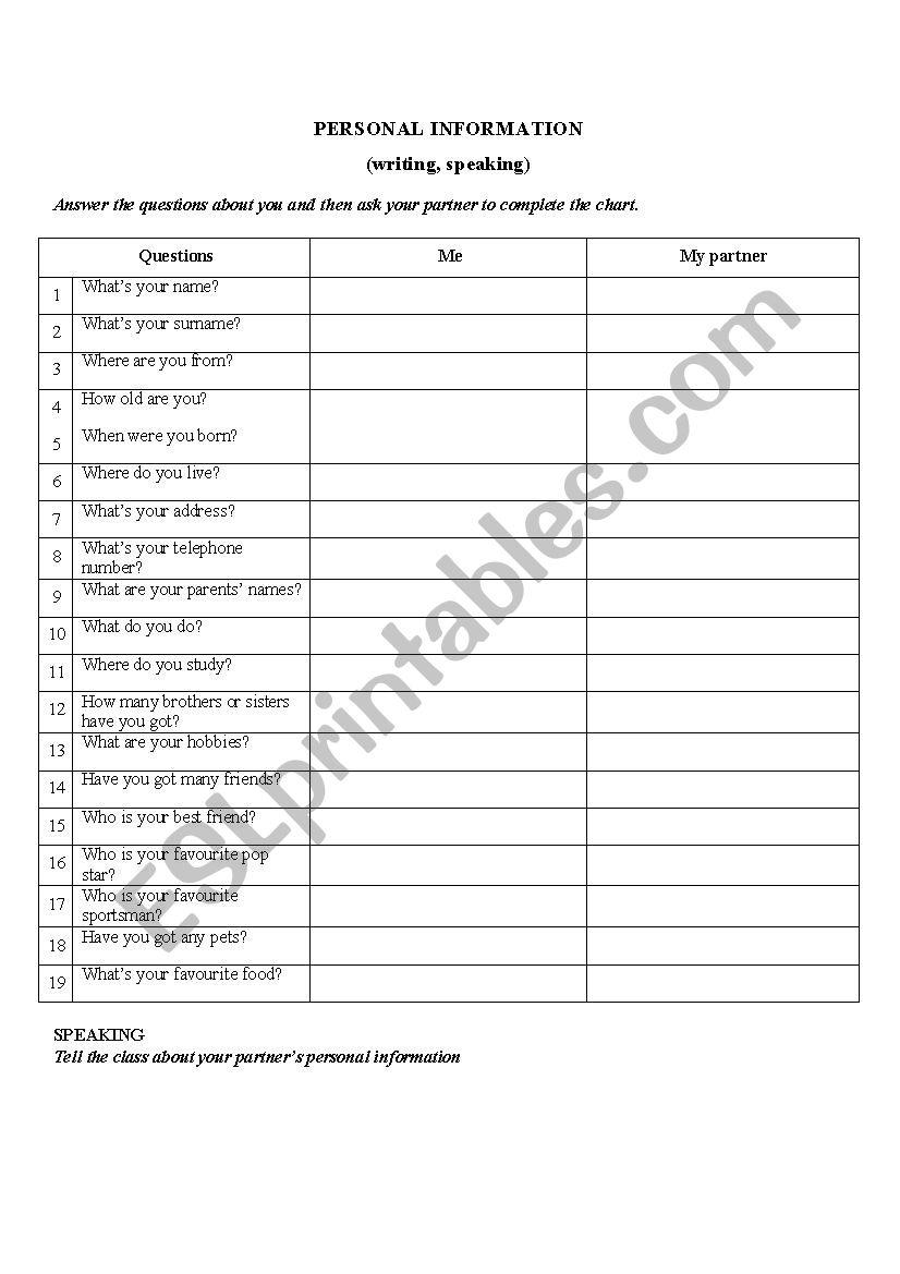 PERSONAL INFORMATION Worksheet