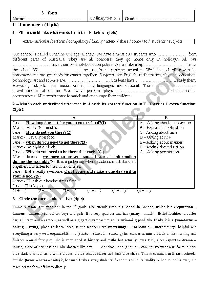 8th form, Test2 worksheet