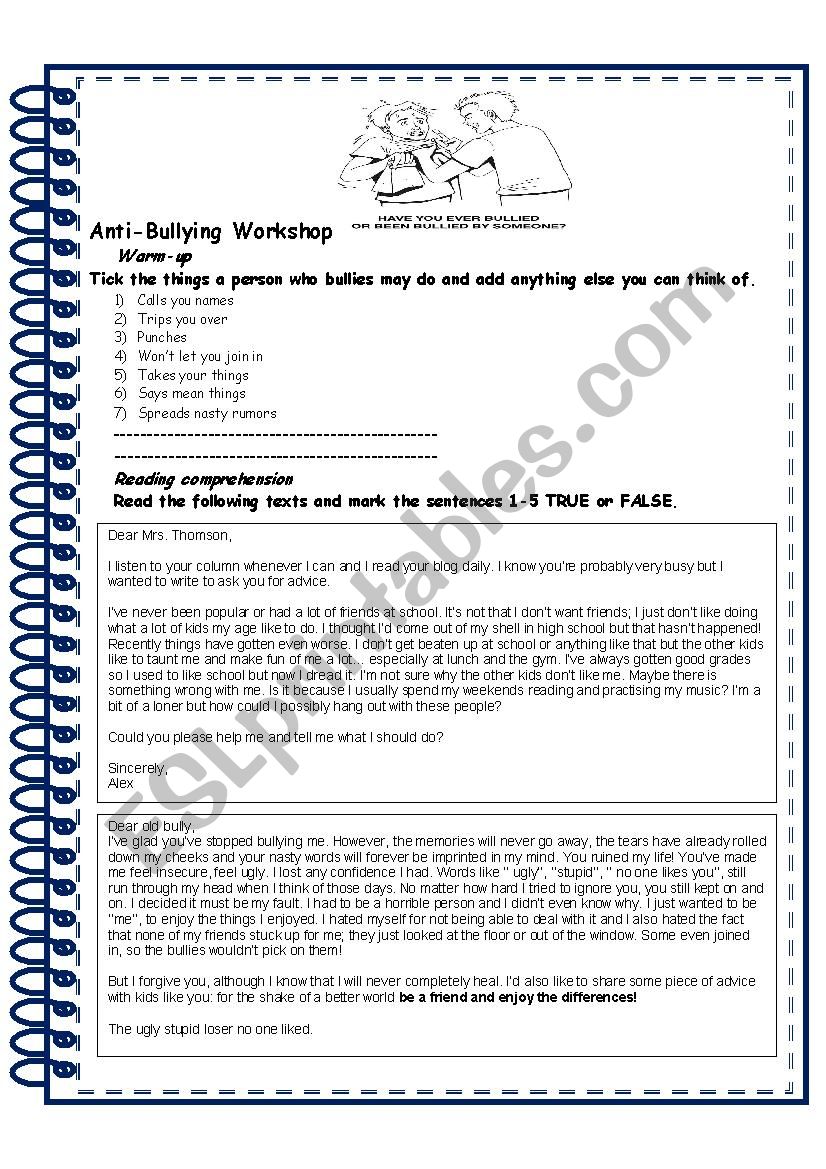 Anti-bullying workshop worksheet