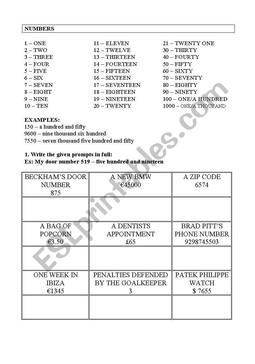 Numbers - intermediate worksheet