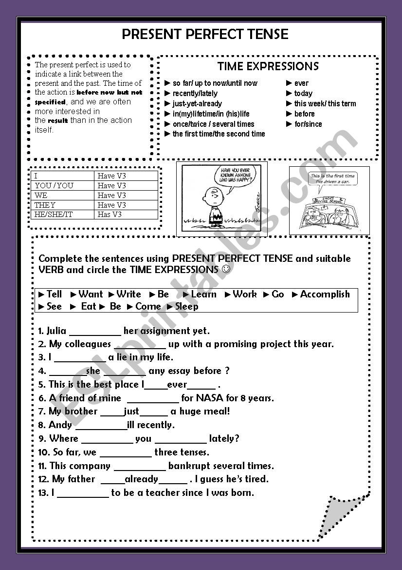 THE PRESENT PERFECT TENSE WORKSHEET GRAMMAR GUIDE AND EXERCISE