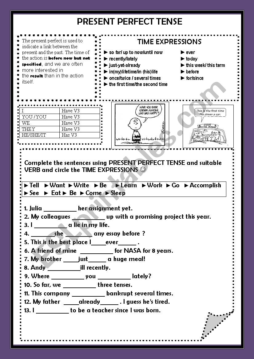 THE PRESENT PERFECT TENSE WORKSHEET GRAMMAR GUIDE AND EXERCISE ESL Worksheet By Source