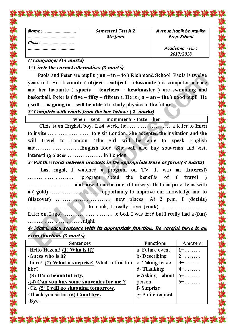 semester 1 test n2 8th form worksheet