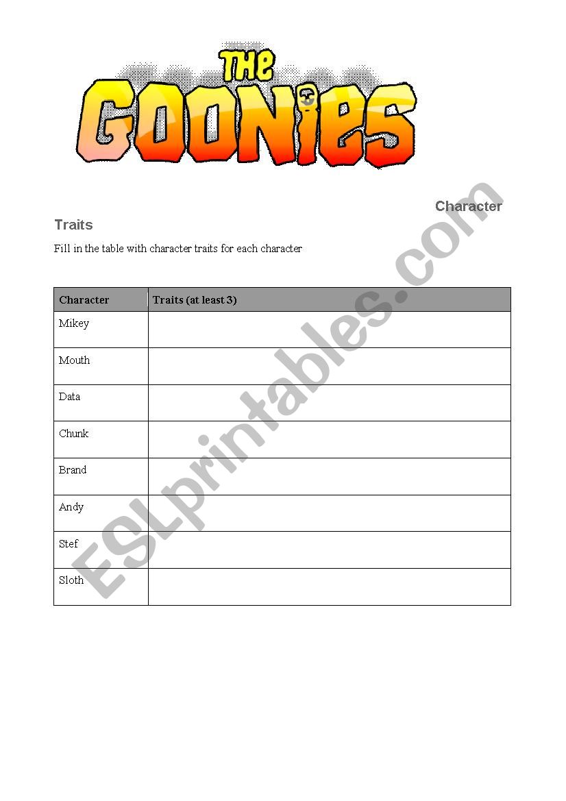 The Goonies movie worksheet worksheet