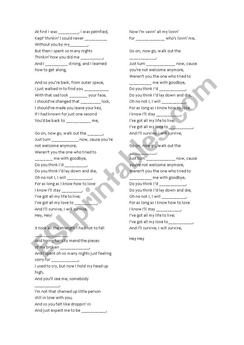 I WILL SURVIVE worksheet