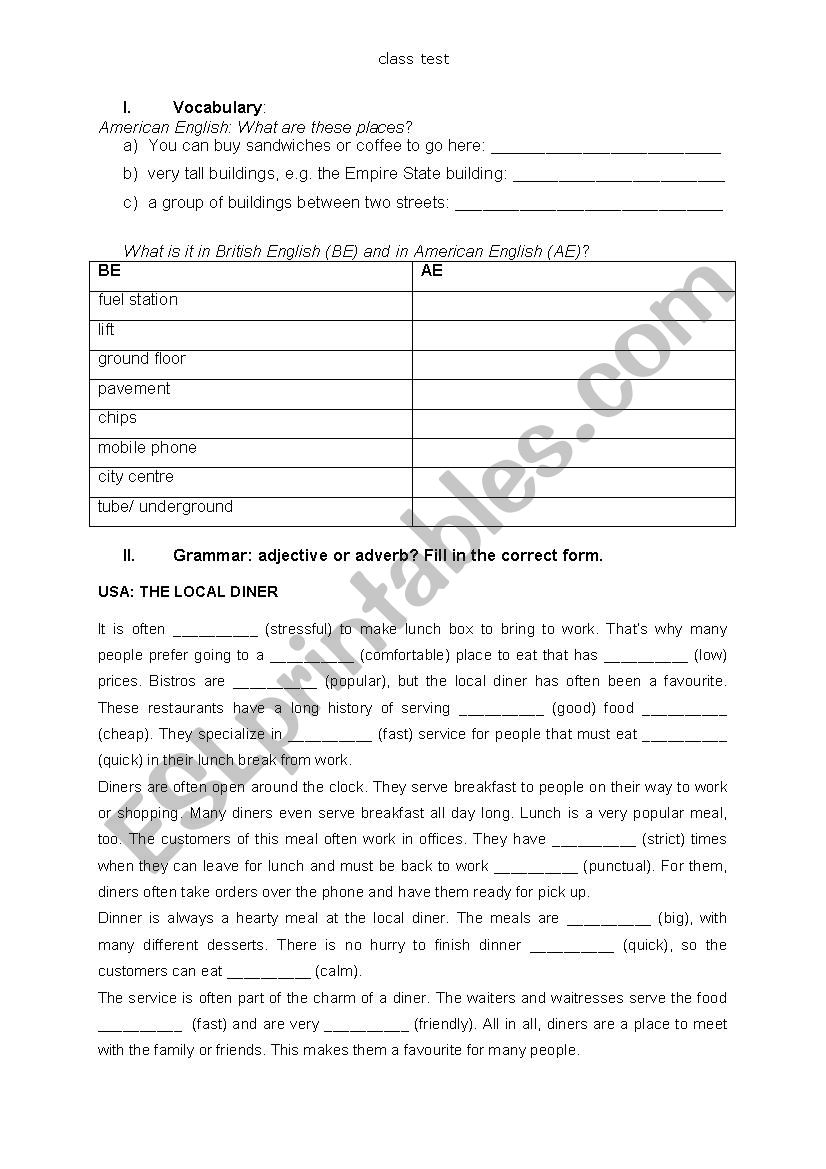 Eating out in New York City worksheet