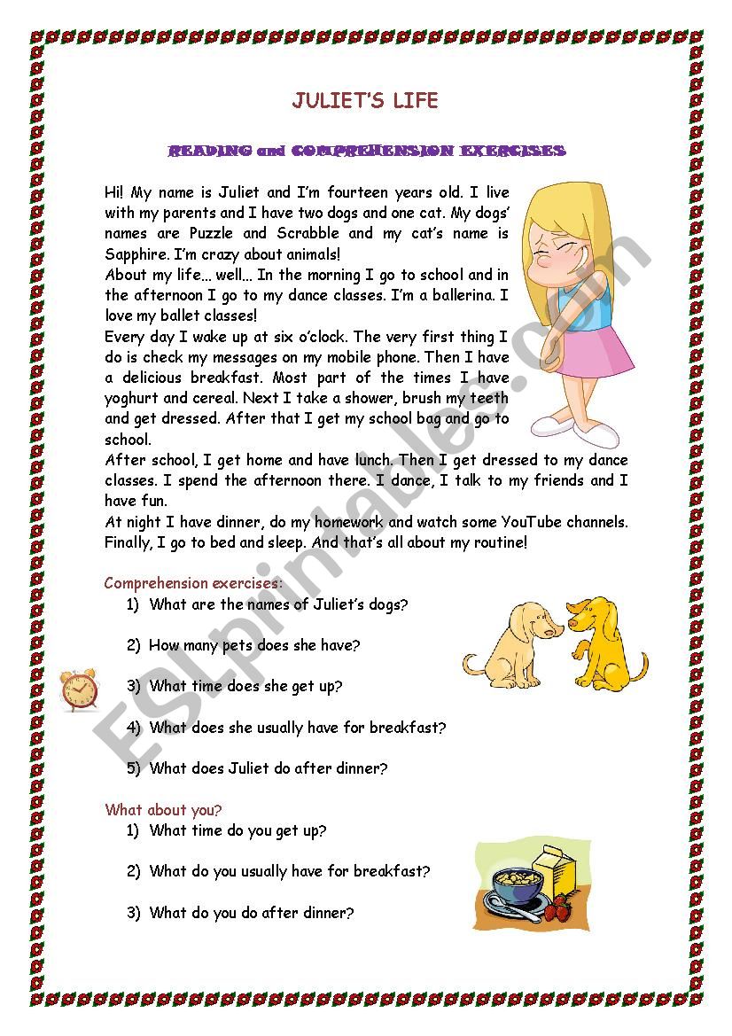 JULIETS ROUTINE - READING AND COMPREHENSION EXERCISES