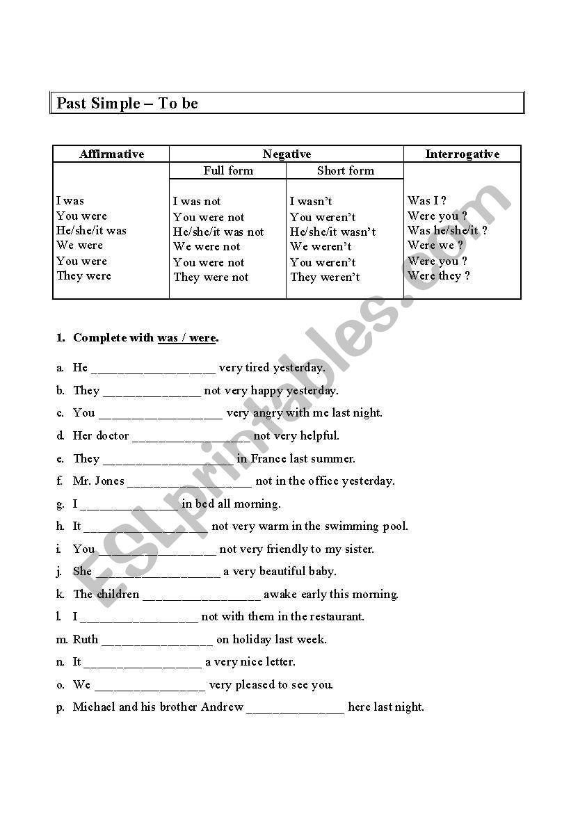 Past simple - to be worksheet