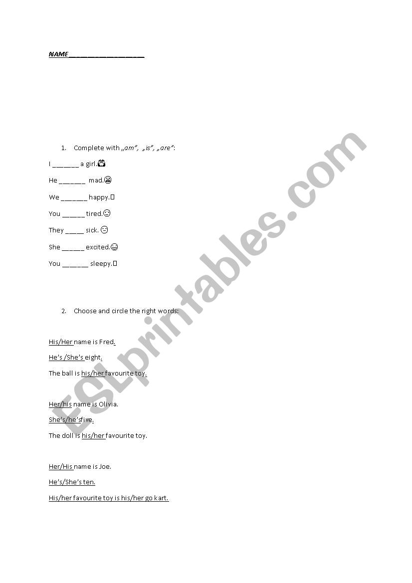 TO BE, his, her worksheet TO BE, his, her worksheet