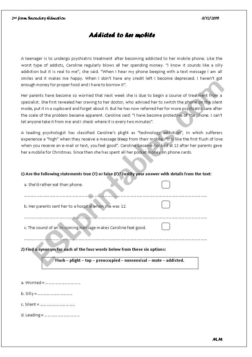 Addicted to mobile worksheet