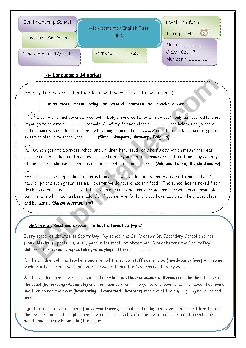 mid semester test 2 8th forms worksheet