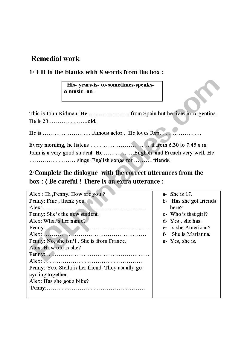 remedial work worksheet