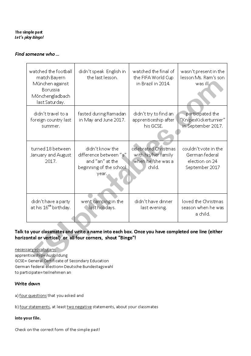 Practising the simple past: Lets play Bingo! 