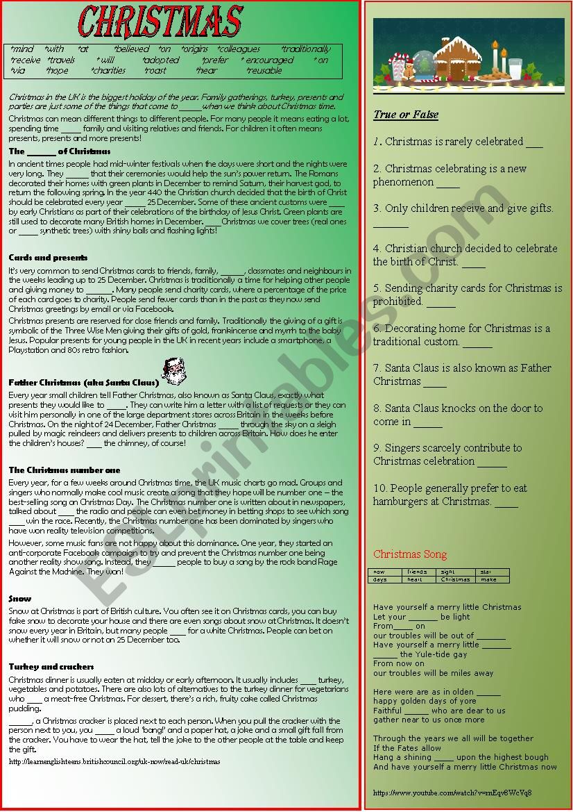 CHRISTMAS * READING - GAP FILLING - TRUE FALSE AND SONG GAP FILLING 