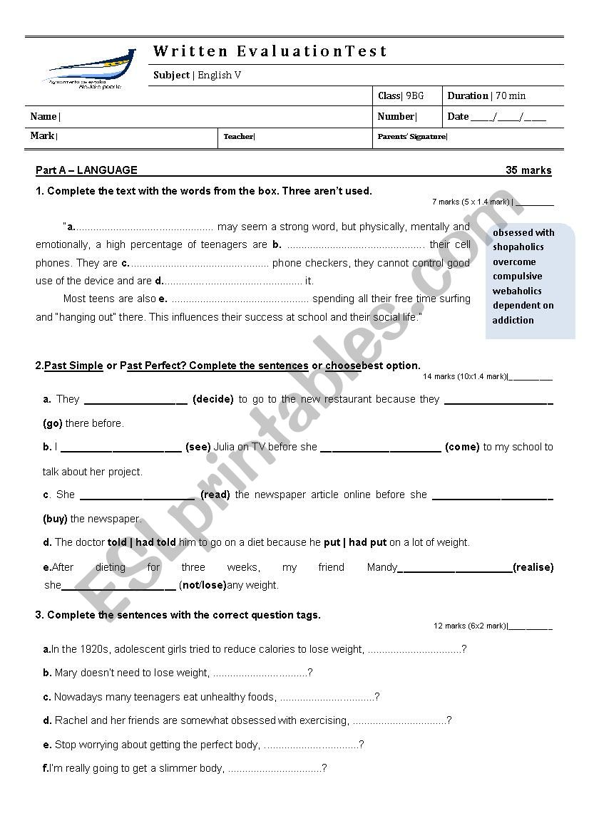 Compulsive Behaviours worksheet