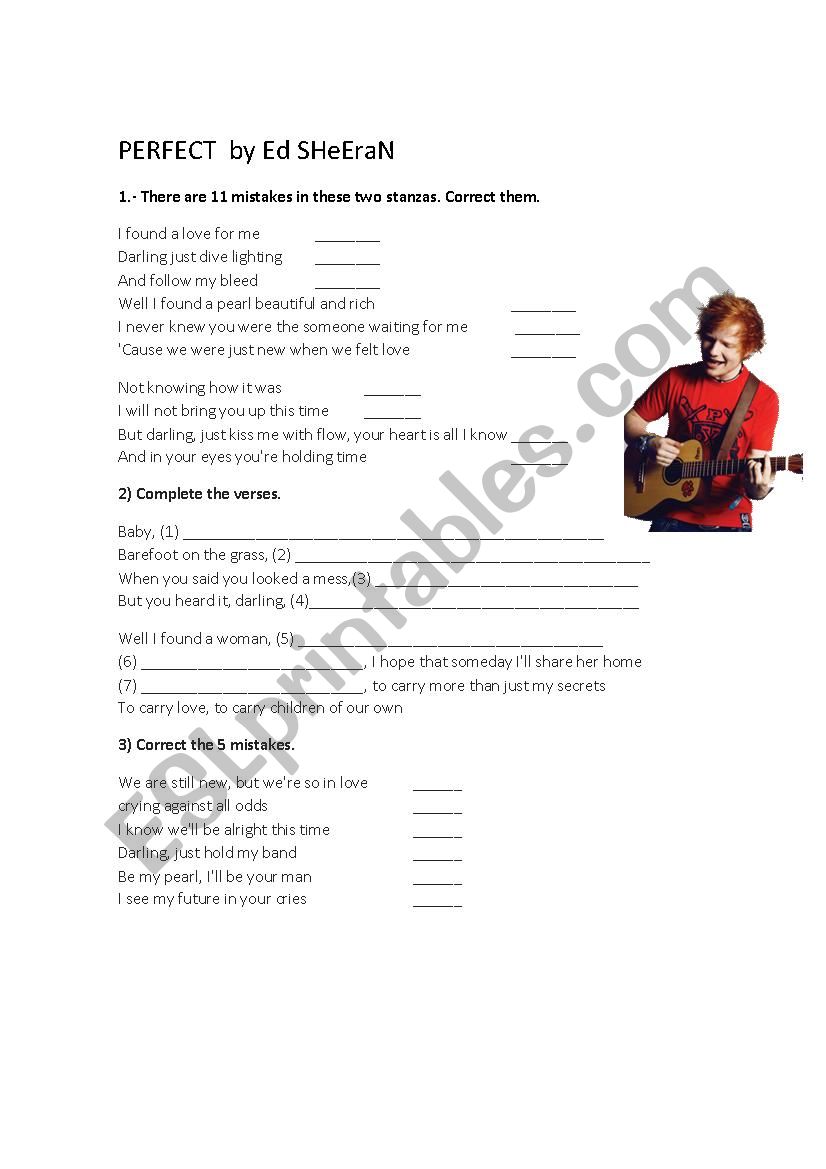 ed sheeran perfect worksheet