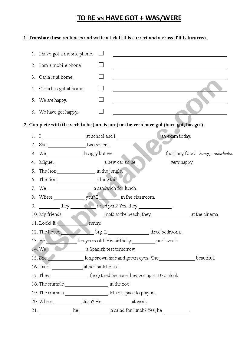 Revision sheet (to be, have got, was/were)