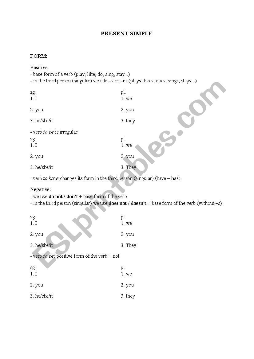 Present Simple - form, rules worksheet