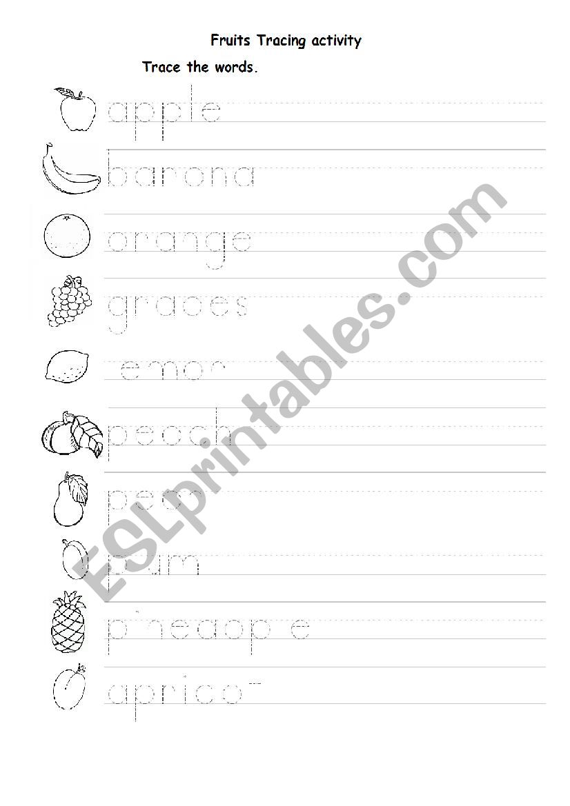 Fruits tracing activity worksheet