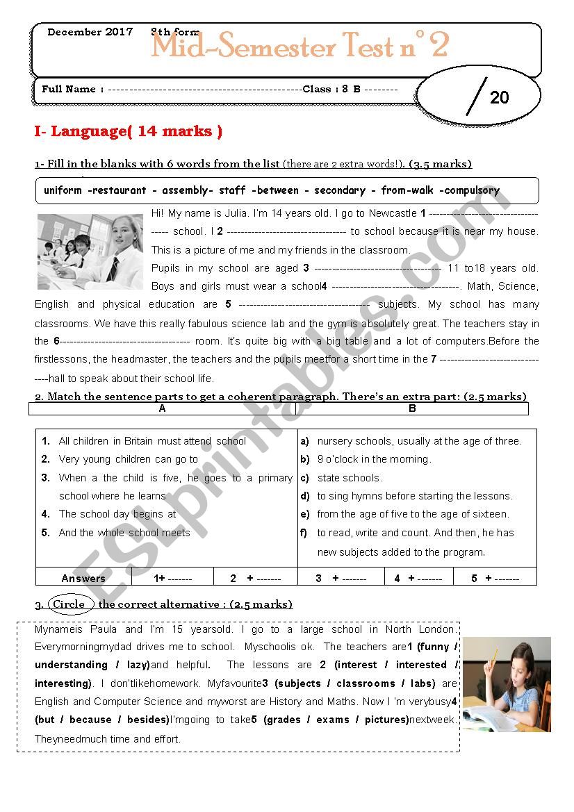 Mid-semester 1 test n°2 8th form - language part - ESL worksheet by houba