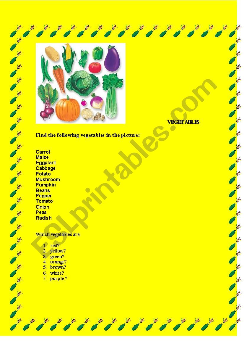 VEGETABLES,COLOURS worksheet