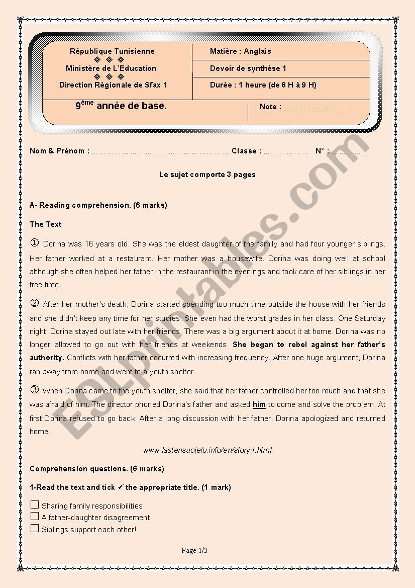 End-of-semester test 1 - 9th form Basic Education