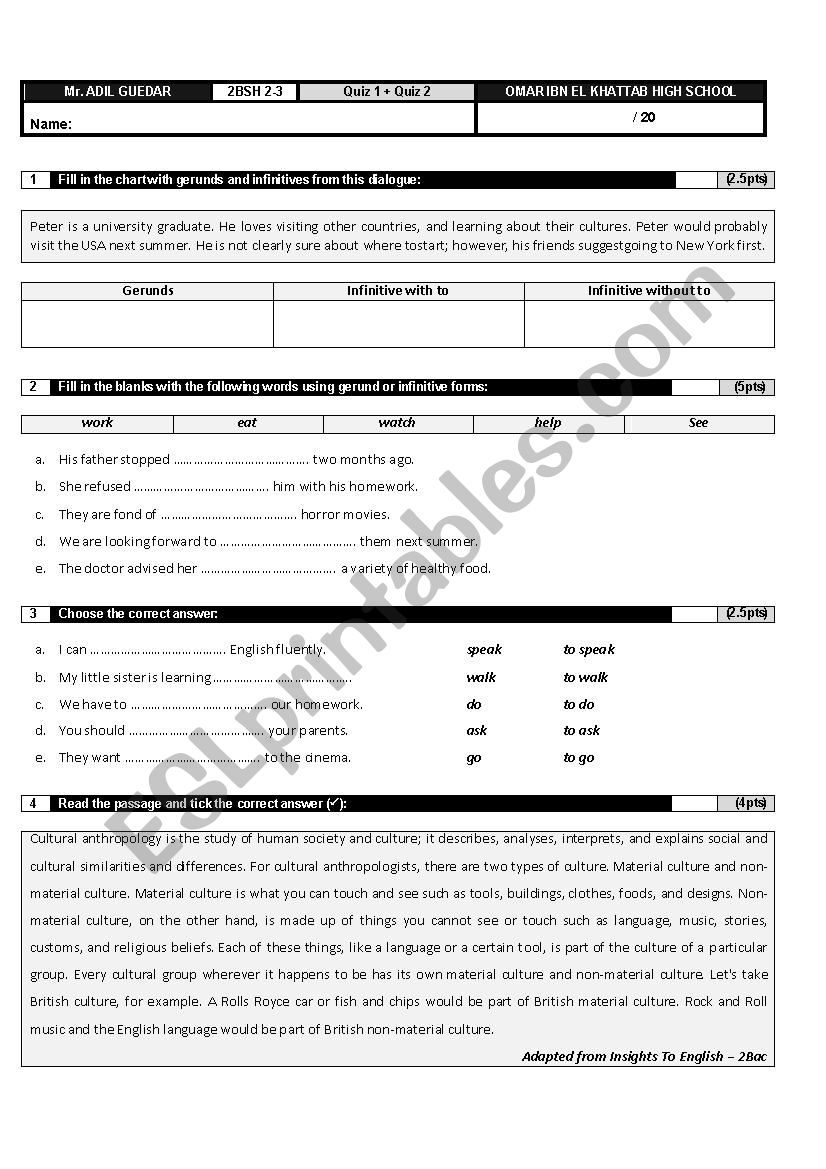 QUIZ//// GRAMMAR AND READING worksheet