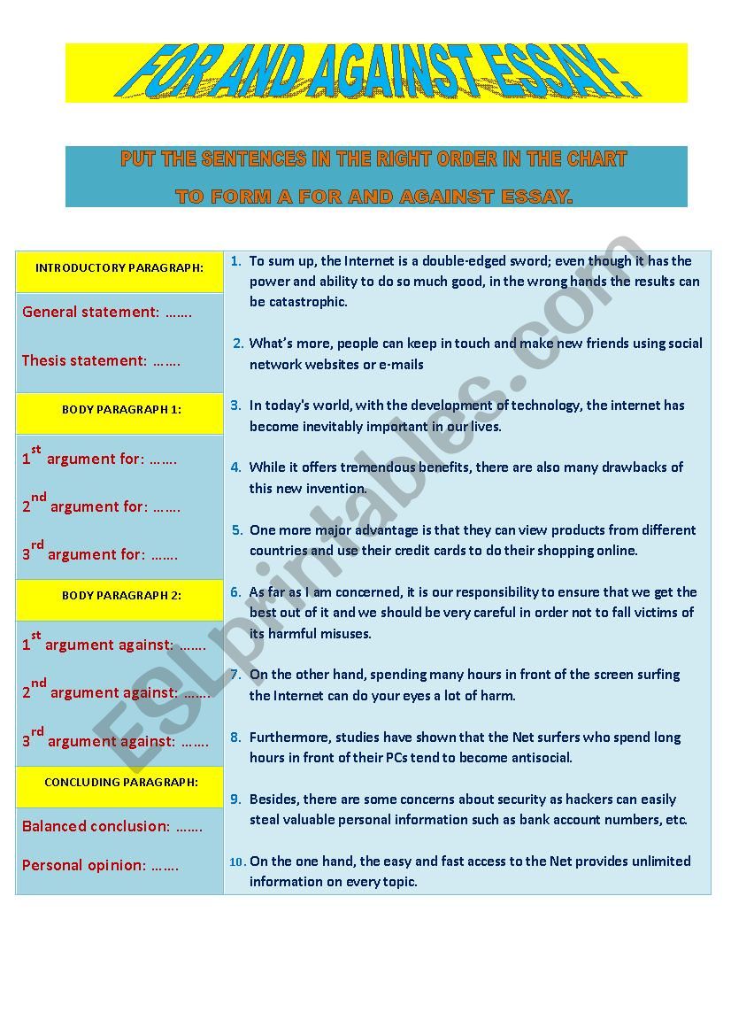 FOR AND AGAINST ESSAY worksheet