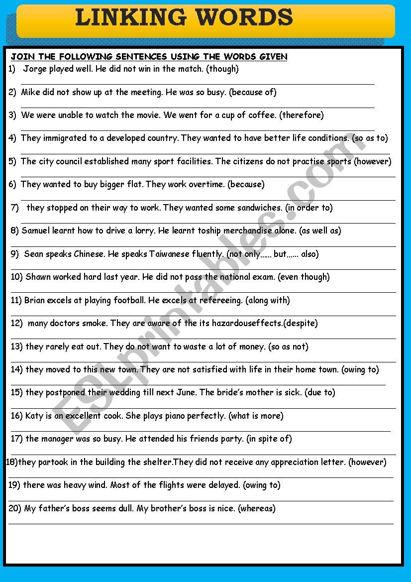 LINKING WORDS PRACTICE worksheet