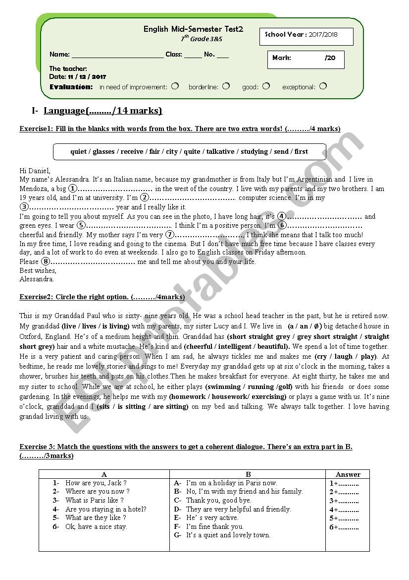 Mid Semester test 2 worksheet