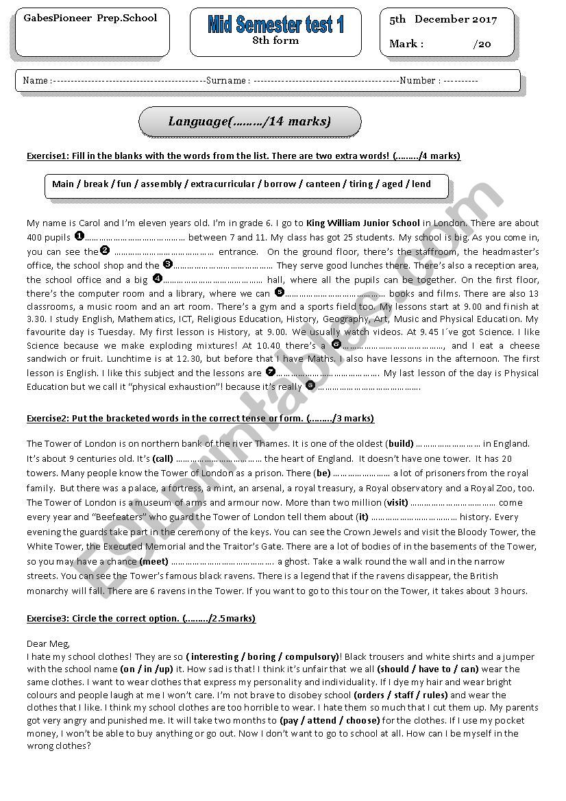 8th form second semester test worksheet