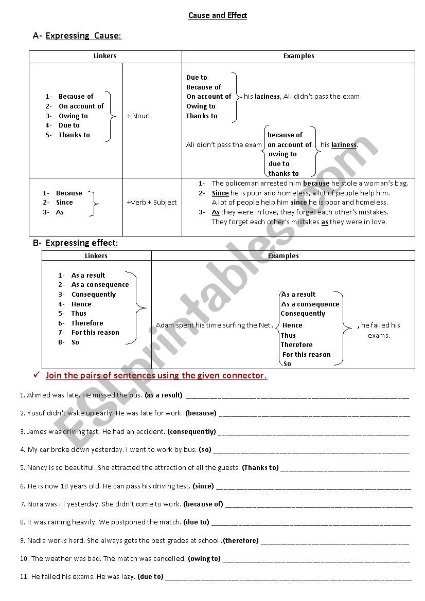 Cause and Effect linkers worksheet