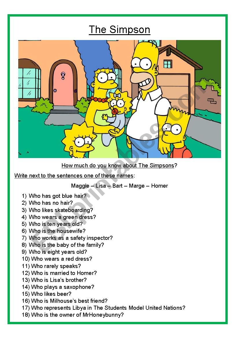 The Simpsons worksheet