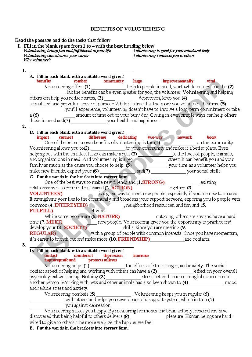 BENEFITS OF VOLUNTEERING worksheet