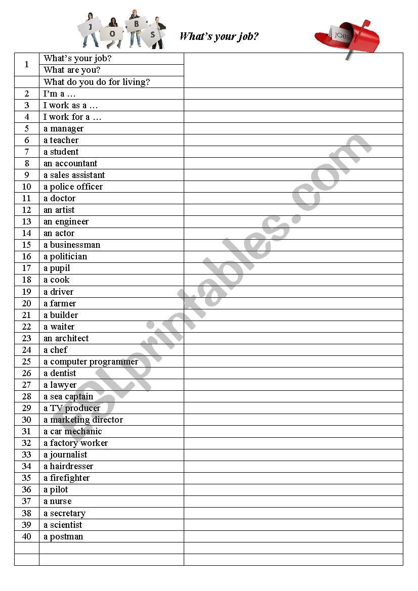 Jobs (vocabulary list) worksheet