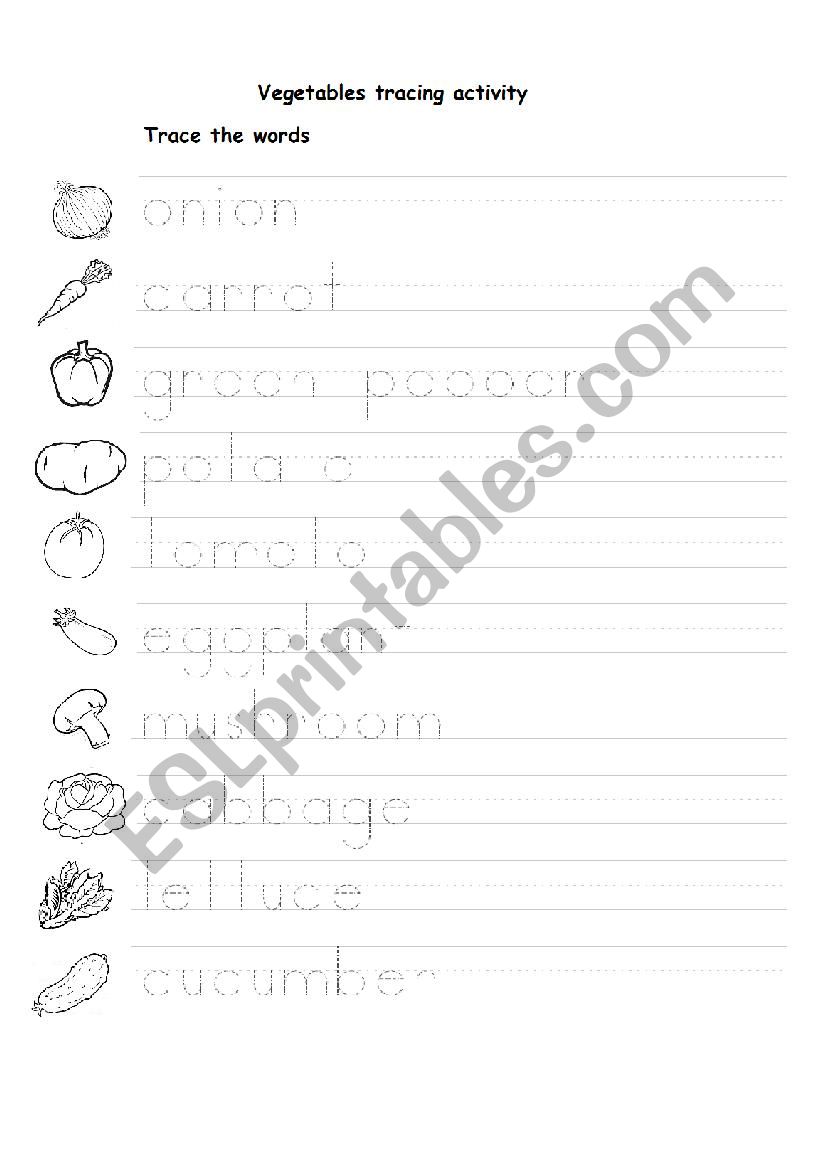 Vegetables tracing activity 1 worksheet