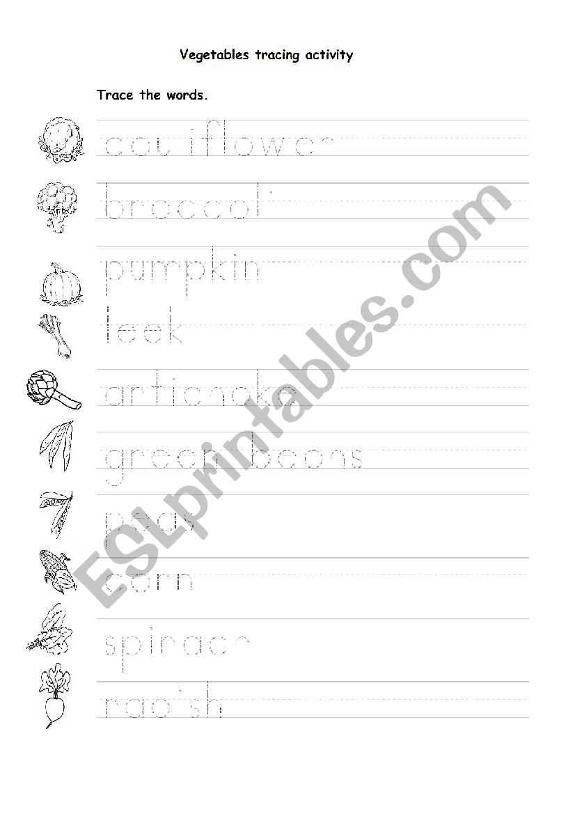 Vegetables tracing activity 2 worksheet