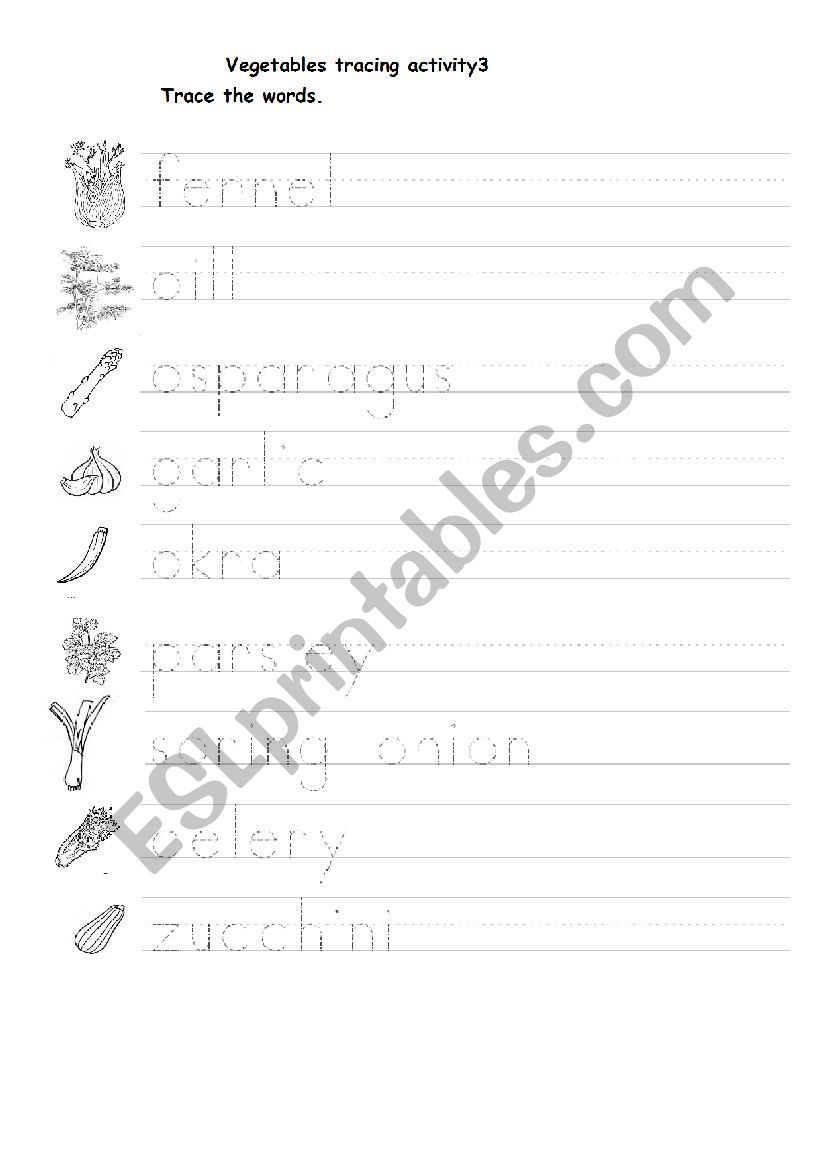 Vegetables tracing activity3 worksheet