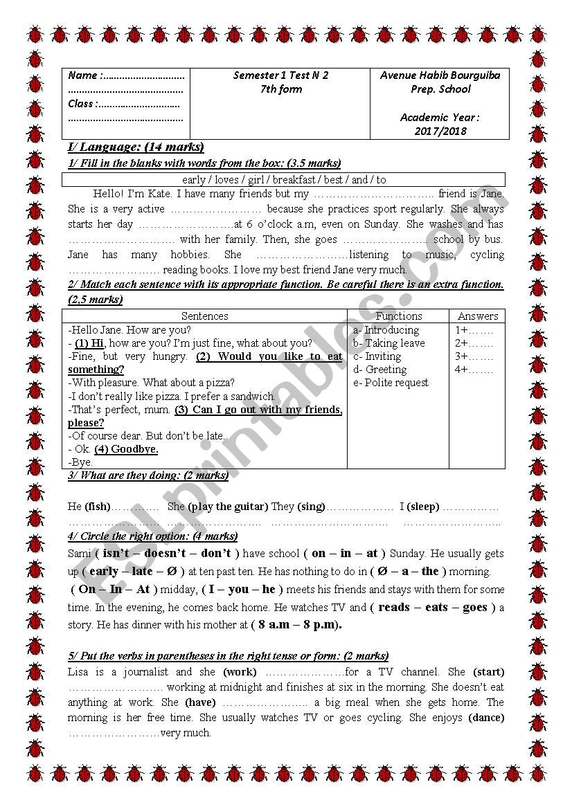 semester 1 test n2 7th form worksheet