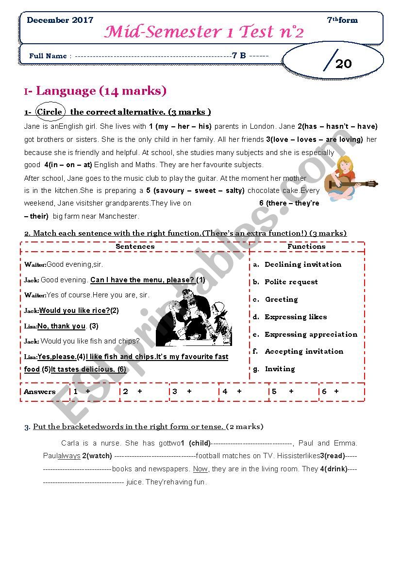Mid-semester 1 test n2 7th form - language part
