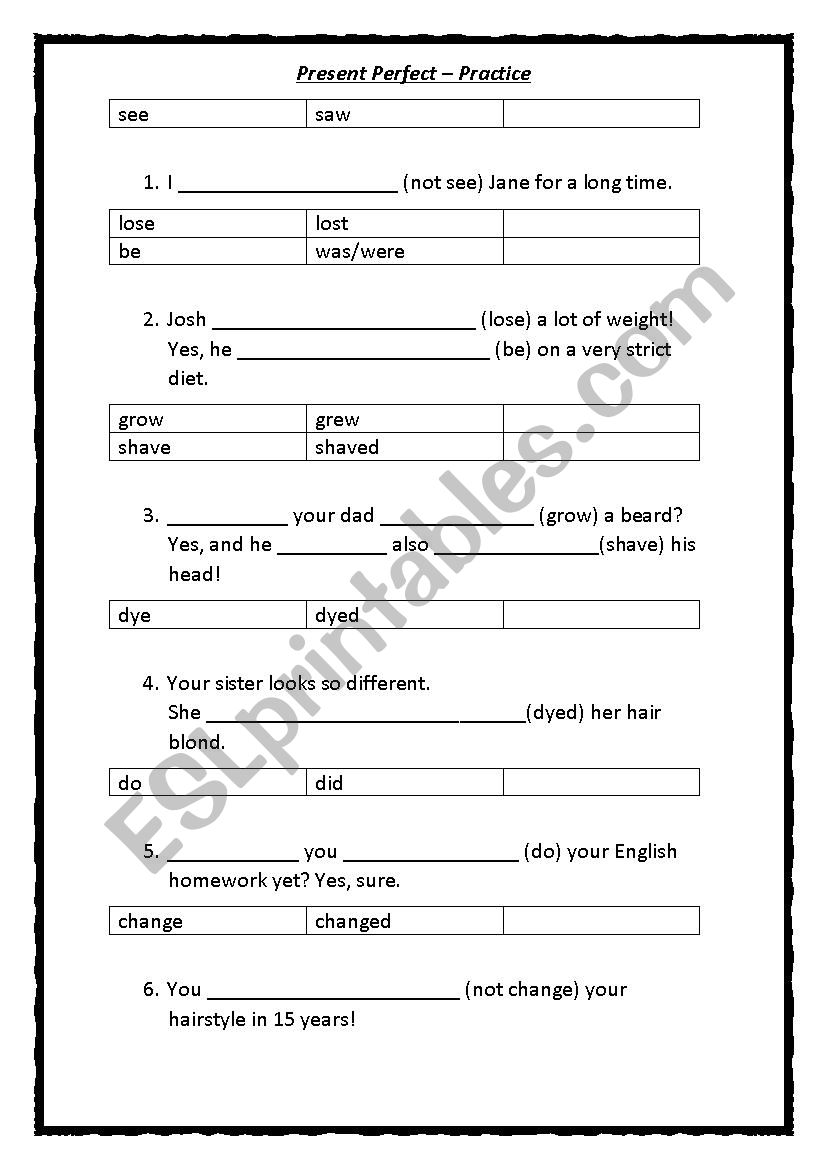 Present Perfect Practice worksheet