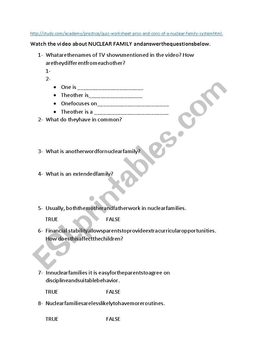 Nuclear Family worksheet