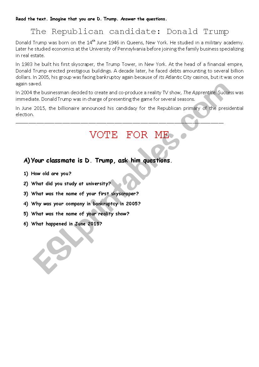 US Election candidates study of the profiles of two candidates + Test